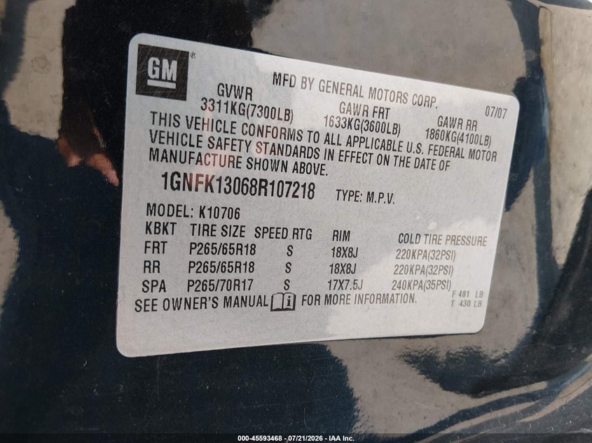 2008 Chevrolet Tahoe Lt VIN: 1GNFK13068R107218 Lot: 45593468