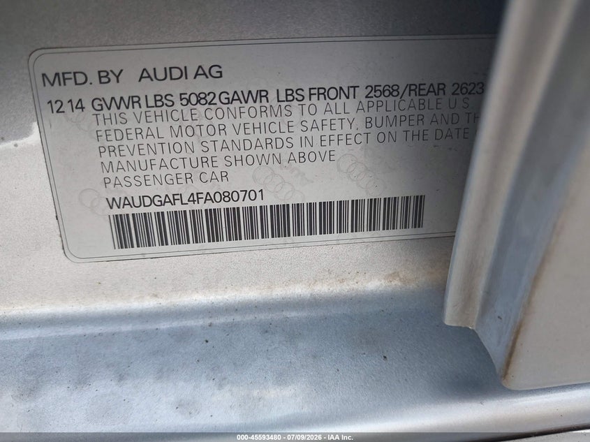 2015 Audi S4 3.0T Premium Plus VIN: WAUDGAFL4FA080701 Lot: 45593480