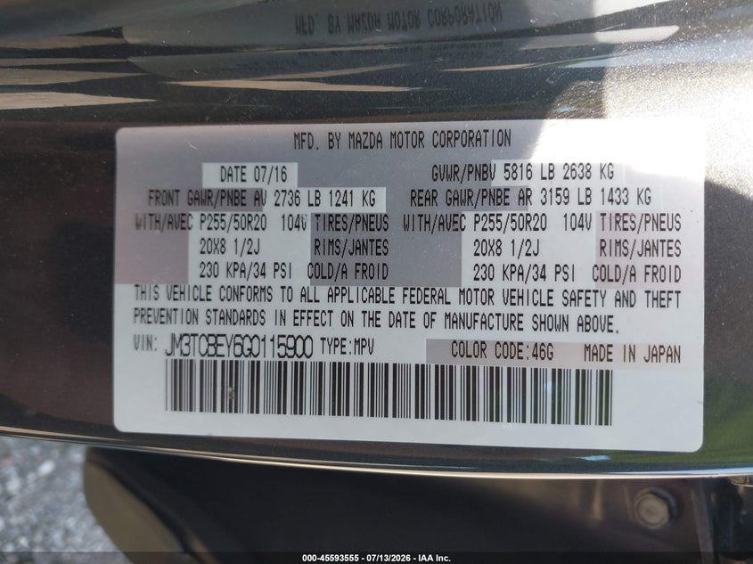 2016 Mazda Cx-9 Signature VIN: JM3TCBEY6G0115900 Lot: 45593555