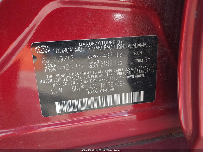HYUNDAI SONATA 2013 VIN 5NPEC4AB1DH797999
