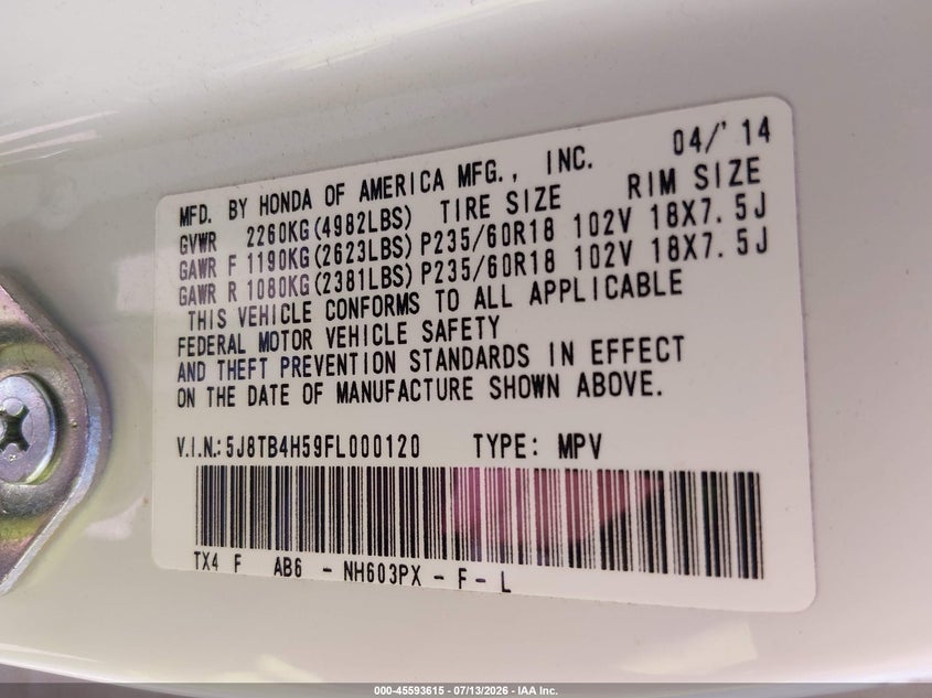 2015 Acura Rdx VIN: 5J8TB4H59FL000120 Lot: 45593615
