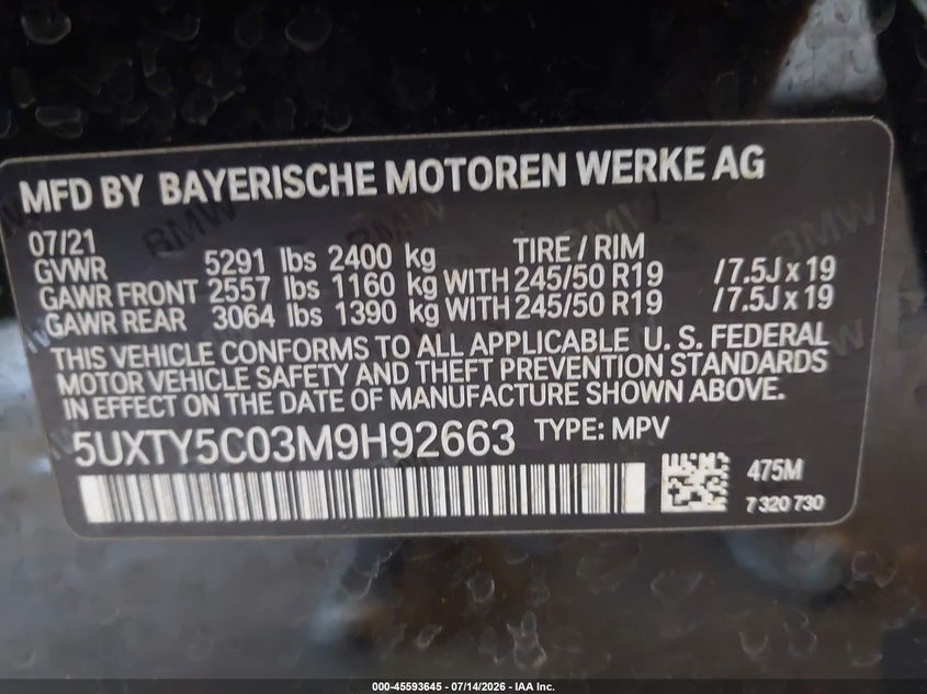 BMW X3 2021 VIN 5UXTY5C03M9H92663