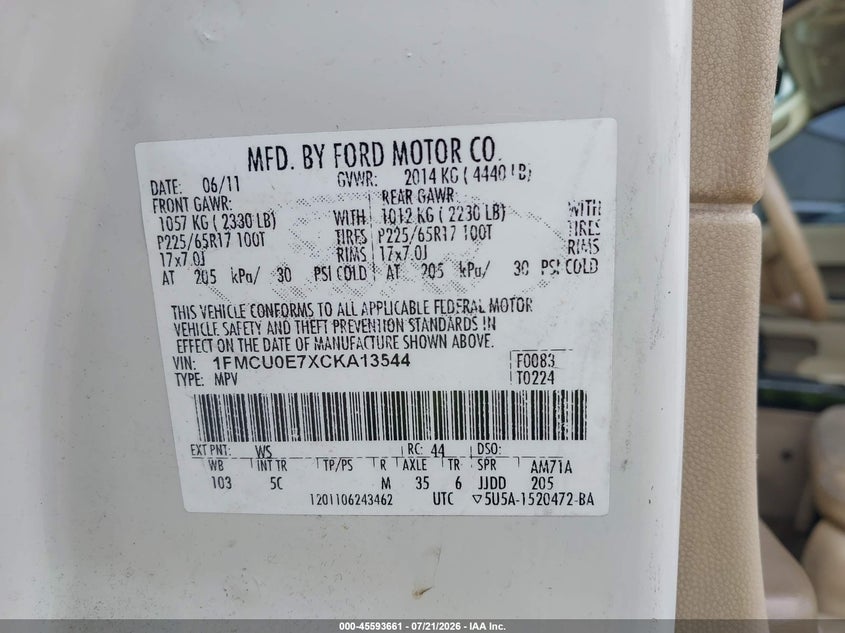 2012 Ford Escape Limited VIN: 1FMCU0E7XCKA13544 Lot: 45593661