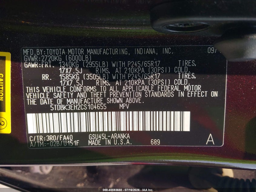 2012 Toyota Highlander Base V6 VIN: 5TDBK3EH2CS104655 Lot: 45593688