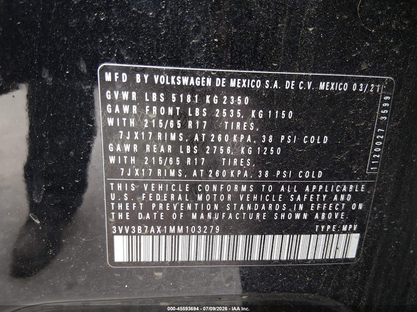 2021 Volkswagen Tiguan 2.0T Se/2.0T Se R-Line Black/2.0T Sel VIN: 3VV3B7AX1MM103279 Lot: 45593694