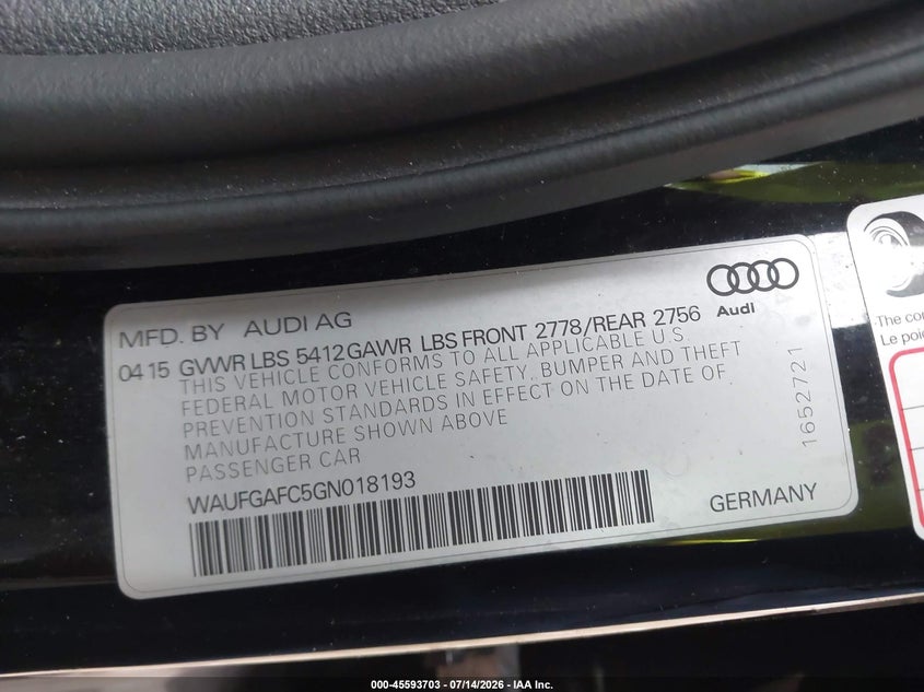 2016 Audi A6 3.0T Premium Plus VIN: WAUFGAFC5GN018193 Lot: 45593703