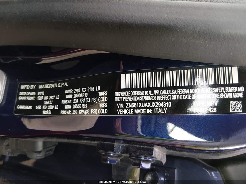 2018 Maserati Levante VIN: ZN661XUAXJX294310 Lot: 45593718
