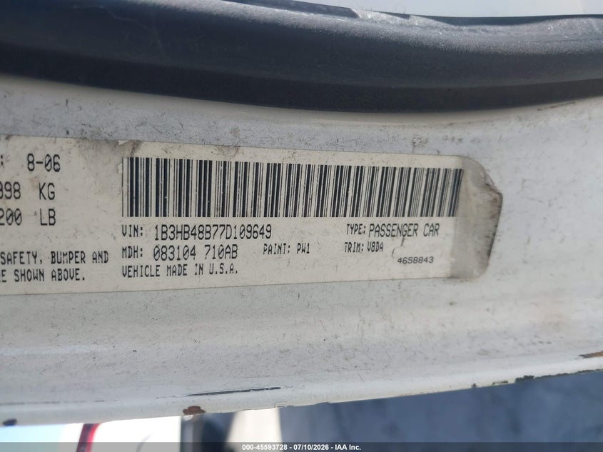 2007 Dodge Caliber Sxt VIN: 1B3HB48B77D109649 Lot: 45593728