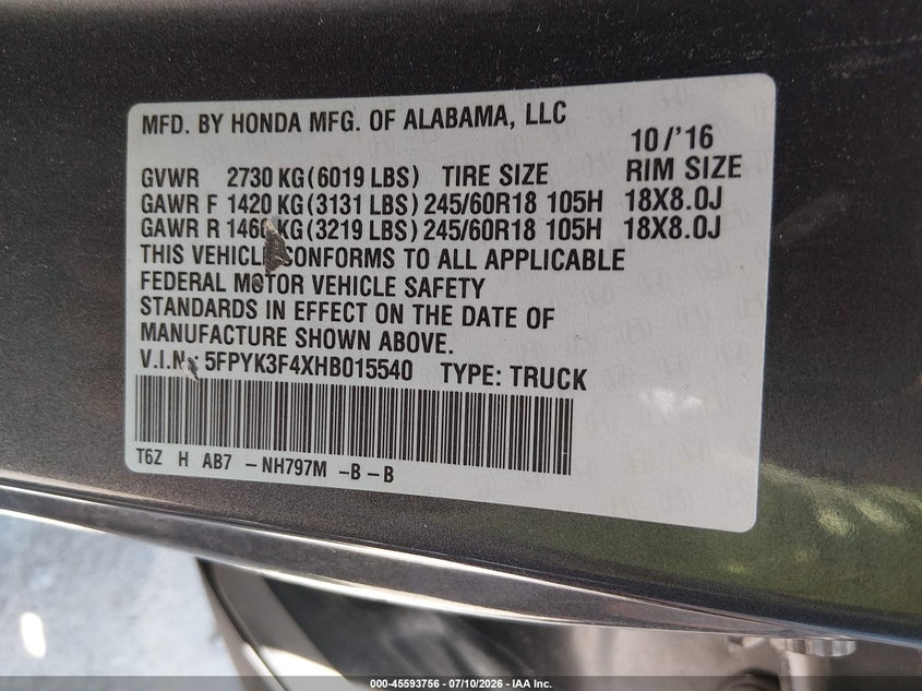 2017 Honda Ridgeline Rts VIN: 5FPYK3F4XHB015540 Lot: 45593756