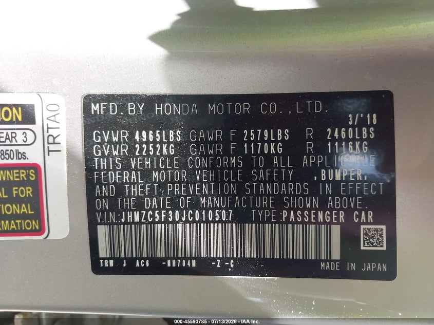 2018 Honda Clarity Plug-In Hybrid Touring VIN: JHMZC5F30JC010507 Lot: 45593785