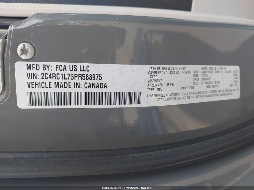 VIN: 2C4RC1L75PR588975 2023 CHRYSLER PACIFICA HYBRID TOURING L