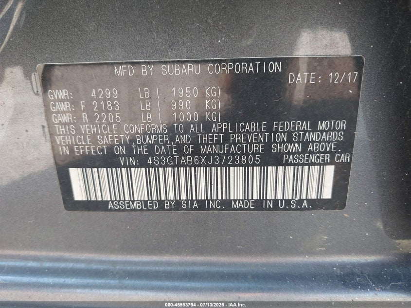 2018 Subaru Impreza 2.0I Premium VIN: 4S3GTAB6XJ3723805 Lot: 45593794
