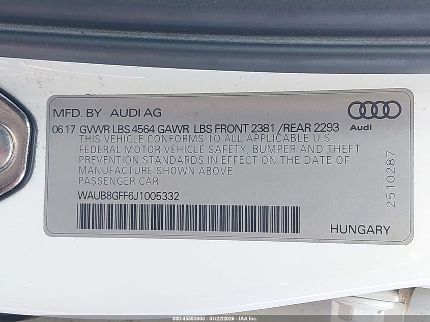 2018 Audi A3 2.0T Premium/2.0T Tech Premium VIN: WAUB8GFF6J1005332 Lot: 45593800