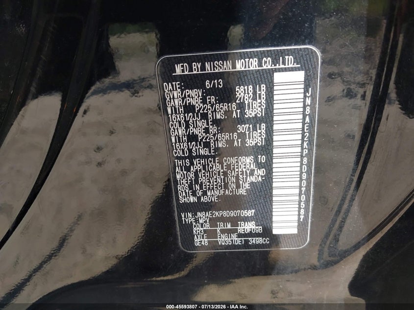 2013 Nissan Quest S VIN: JN8AE2KP8D9070587 Lot: 45593807