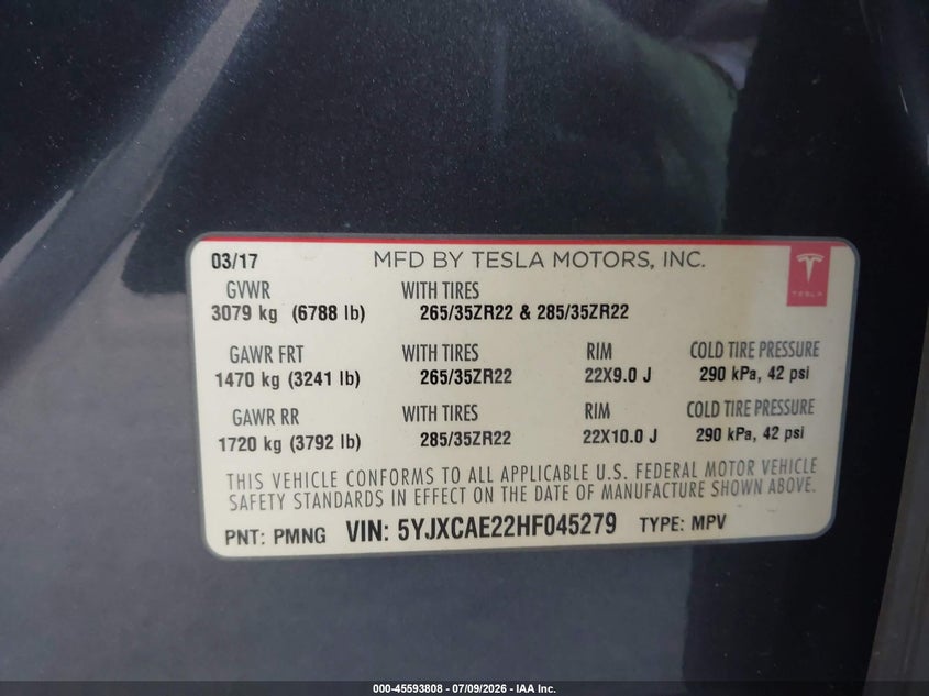 2017 Tesla Model X 100D/75D/90D VIN: 5YJXCAE22HF045279 Lot: 45593808
