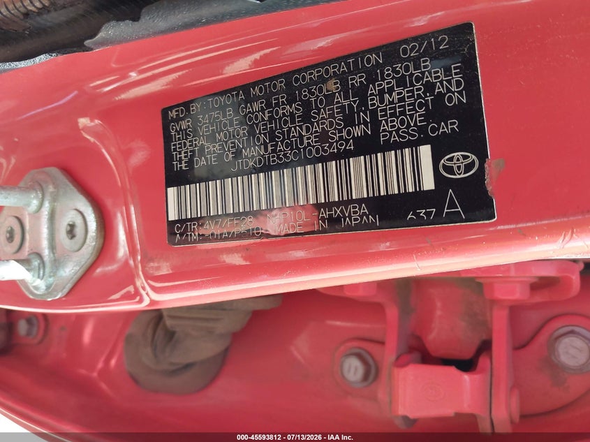 2012 Toyota Prius C Two VIN: JTDKDTB33C1003494 Lot: 45593812
