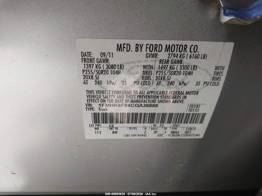 FORD EXPLORER 2012 VIN 1FMHK8F84CGA36886