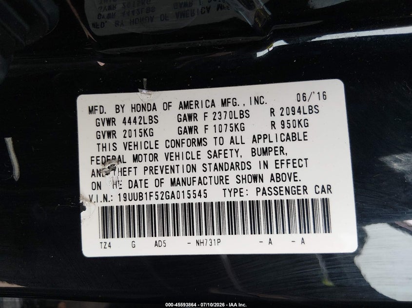 2016 Acura Tlx Tech VIN: 19UUB1F52GA015545 Lot: 45593864