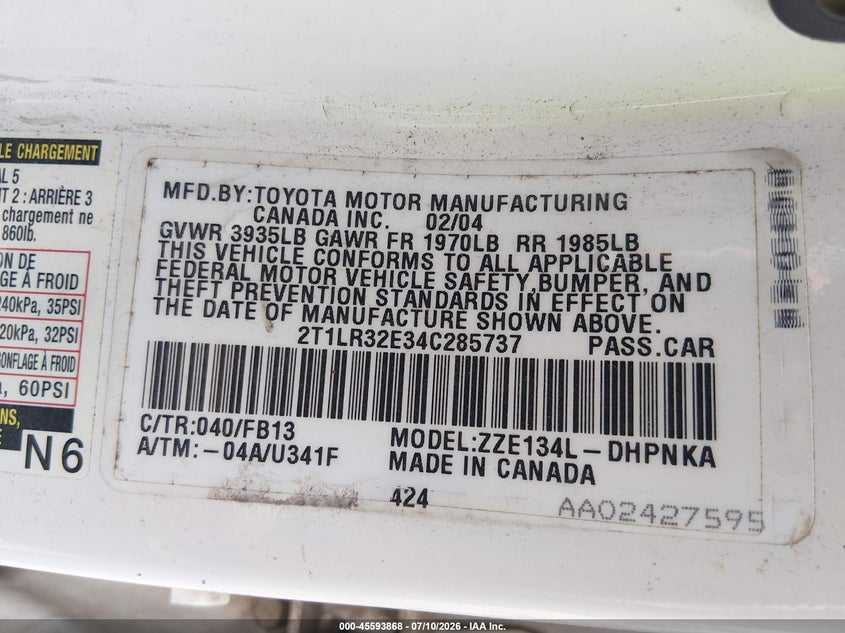 2004 Toyota Matrix Xr VIN: 2T1LR32E34C285737 Lot: 45593868