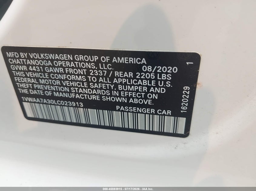 2020 Volkswagen Passat 2.0T S VIN: 1VWAA7A30LC023913 Lot: 45593915