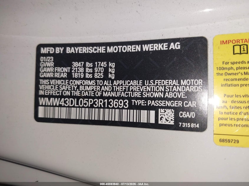 2023 Mini Convertible Cooper S VIN: WMW43DL05P3R13693 Lot: 45593940
