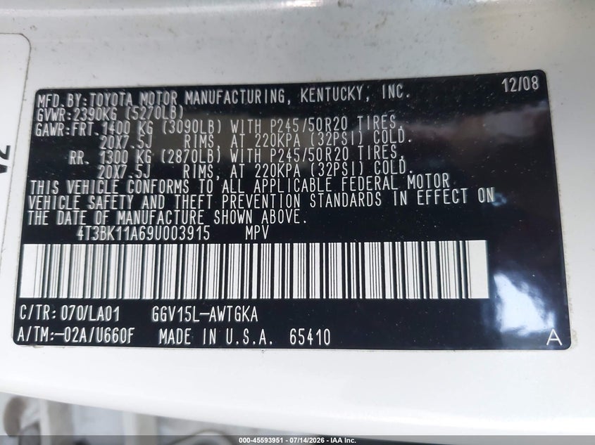 2009 Toyota Venza Base V6 VIN: 4T3BK11A69U003915 Lot: 45593951