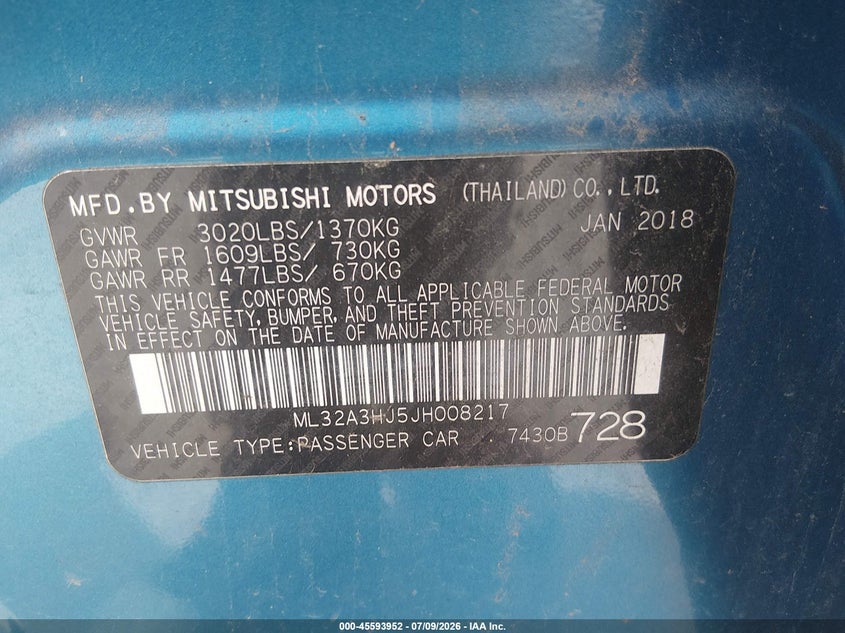 MITSUBISHI MIRAGE 2018 VIN ML32A3HJ5JH008217