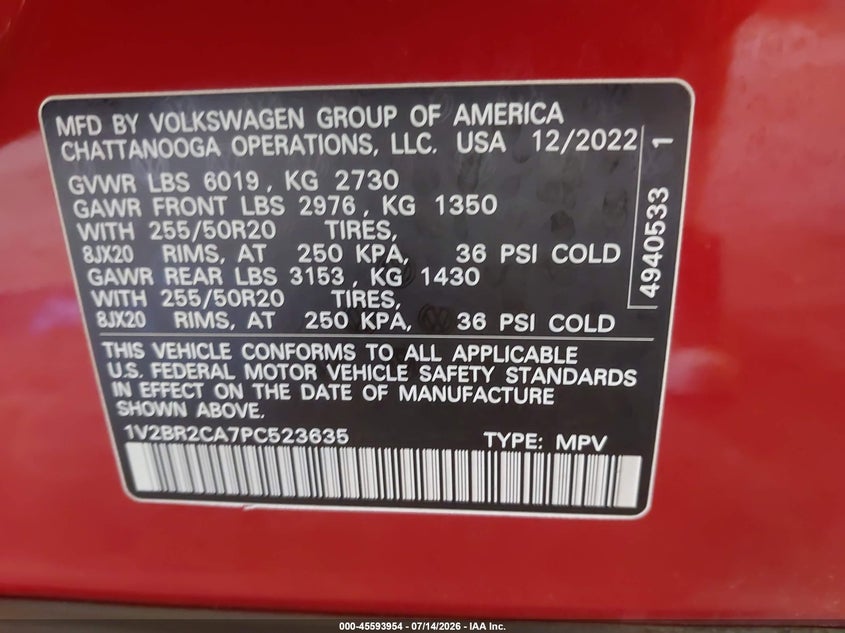 2023 Volkswagen Atlas 3.6L V6 Sel VIN: 1V2BR2CA7PC523635 Lot: 45593954