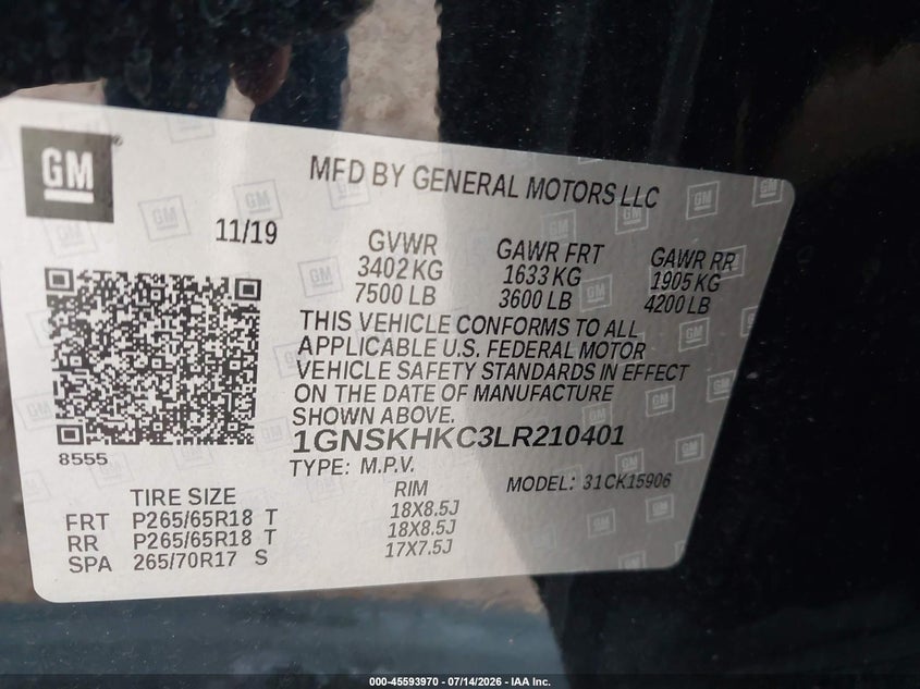 2020 Chevrolet Suburban 4Wd Lt VIN: 1GNSKHKC3LR210401 Lot: 45593970