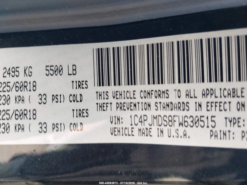 2015 JEEP CHEROKEE SPORT UTILITY VEHICLE 3.2L V-6 DOHC, 271HP