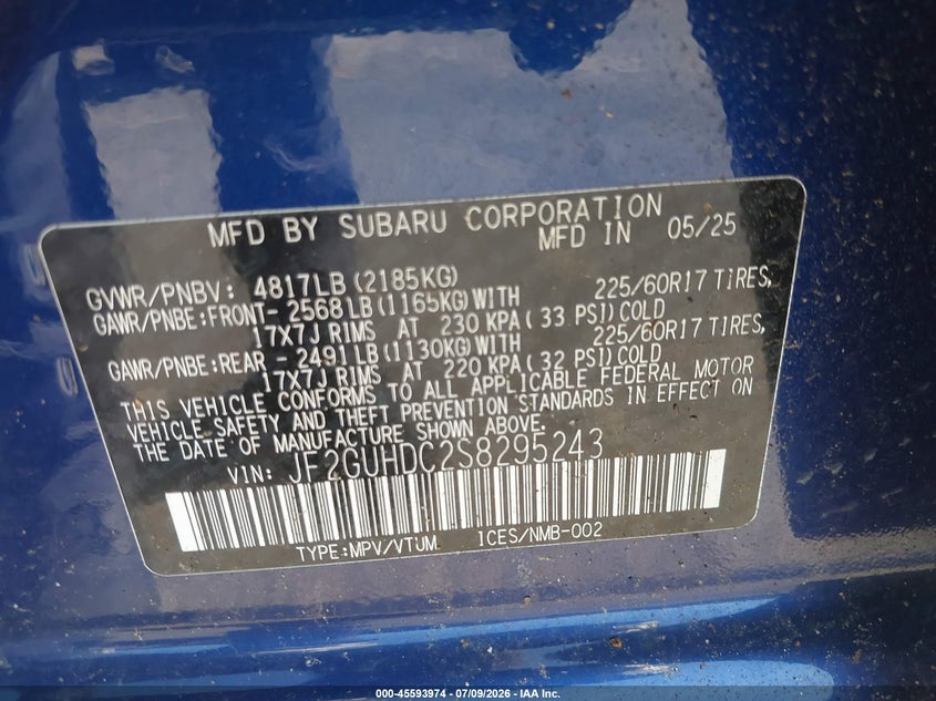 SUBARU CROSSTREK 2025 VIN JF2GUHDC2S8295243