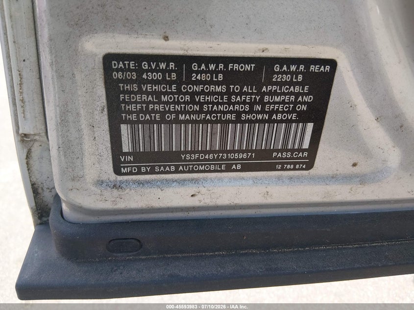 2003 Saab 9-3 Arc VIN: YS3FD46Y731059671 Lot: 45593983