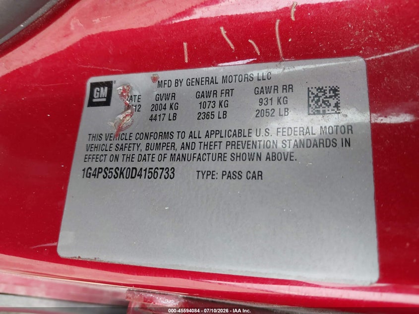 2013 Buick Verano Leather Group VIN: 1G4PS5SK0D4156733 Lot: 45594084