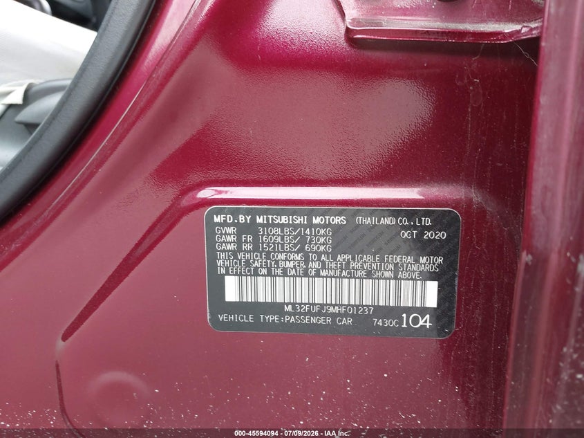 MITSUBISHI MIRAGE G4 2021 VIN ML32FUFJ9MHF01237