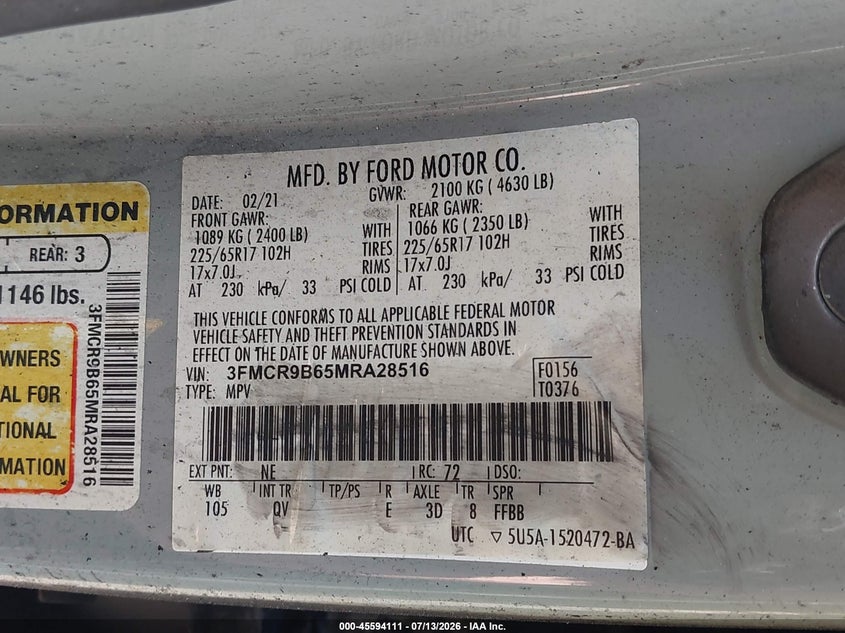 2021 Ford Bronco Sport Big Bend VIN: 3FMCR9B65MRA28516 Lot: 45594111