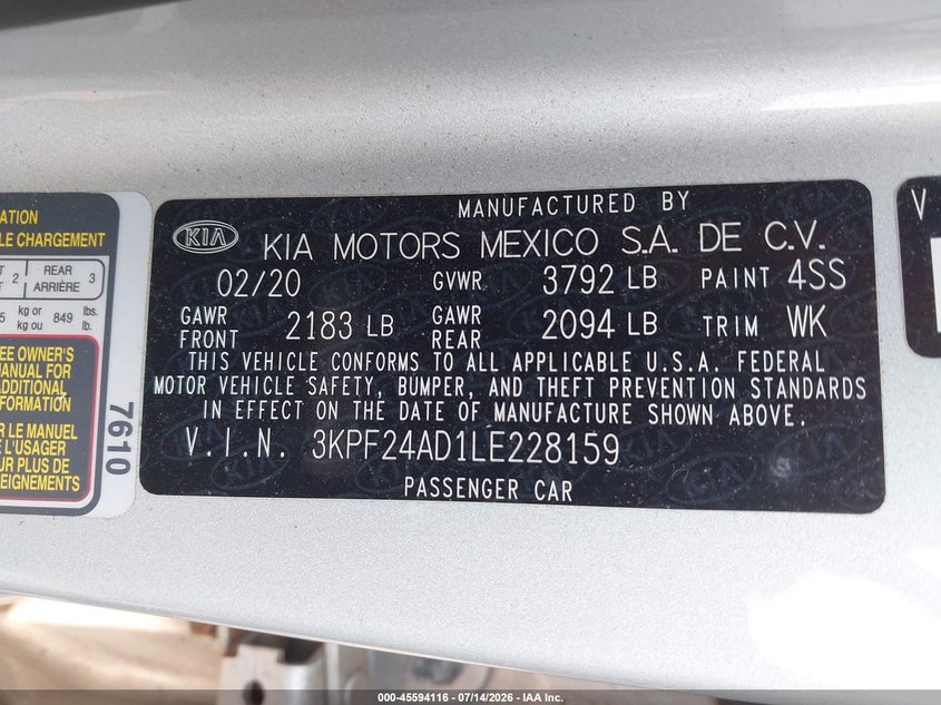 2020 Kia Forte Lxs VIN: 3KPF24AD1LE228159 Lot: 45594116