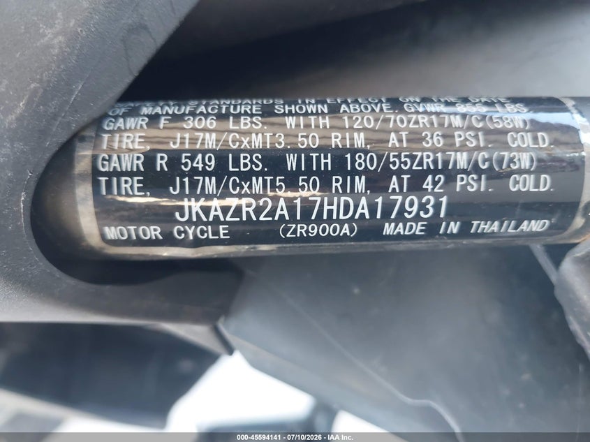 2017 Kawasaki Zr900 VIN: JKAZR2A17HDA17931 Lot: 45594141