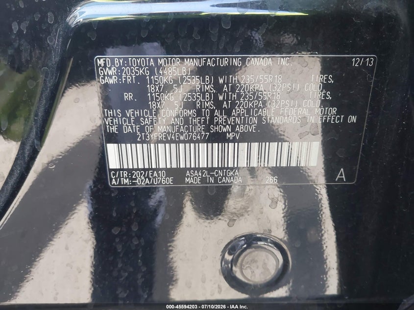 2014 TOYOTA RAV 4 SPORT UTILITY VEHICLE 2.5L I-4 DOHC, VVT, 176HP