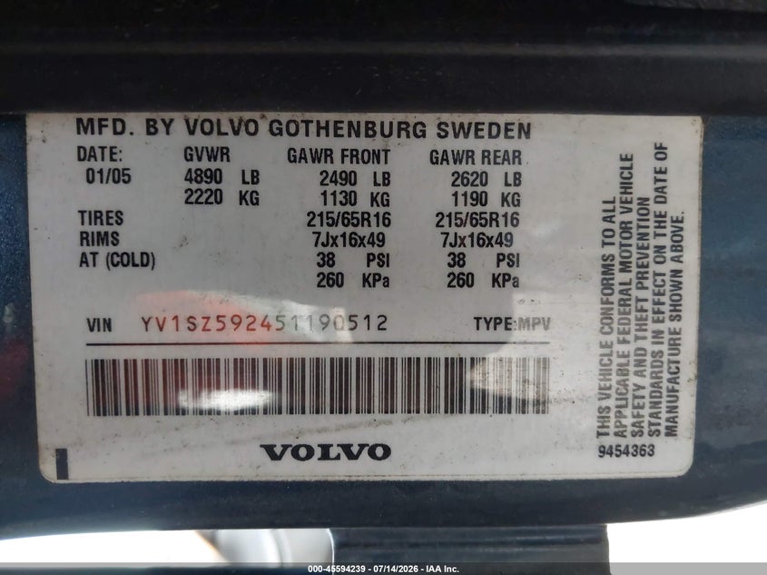 2005 Volvo Xc70 2.5T A Awd/2.5T A Awd Sr VIN: YV1SZ592451190512 Lot: 45594239