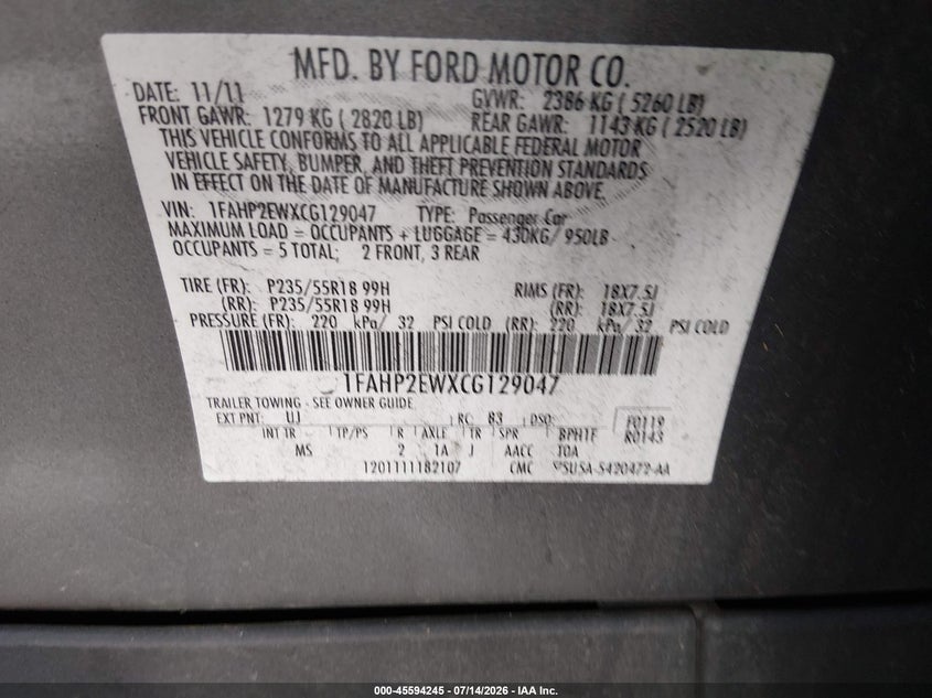 2012 Ford Taurus Sel VIN: 1FAHP2EWXCG129047 Lot: 45594245