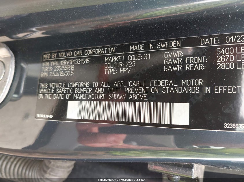 2023 Volvo Xc60 B5 Core VIN: YV4L12RV1P1331515 Lot: 45594275