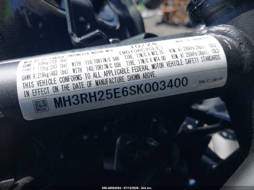 2025 Yamaha Yfz320 A VIN: MH3RH25E6SK003400 Lot: 45594294