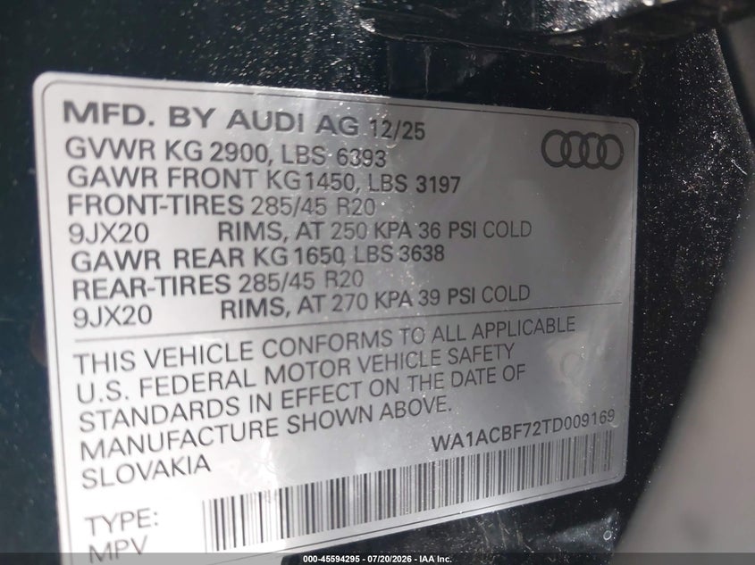 2026 Audi Q7 Premium 45 Tfsi Quattro Tiptronic VIN: WA1ACBF72TD009169 Lot: 45594295