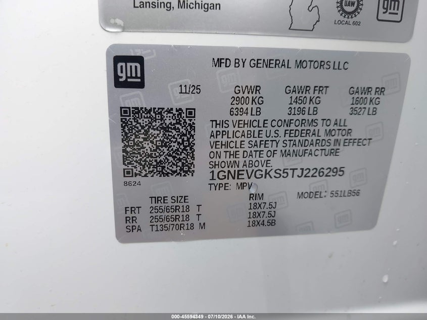 2026 Chevrolet Traverse Awd Lt VIN: 1GNEVGKS5TJ226295 Lot: 45594349