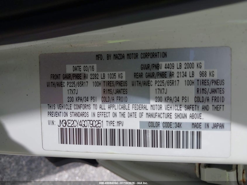 2016 Mazda Cx-5 Touring VIN: JM3KE2CY4G0790251 Lot: 45594354