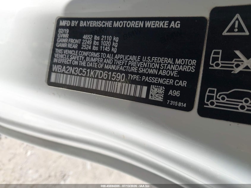 2019 BMW M240I xDrive VIN: WBA2N3C51K7D61590 Lot: 45594385