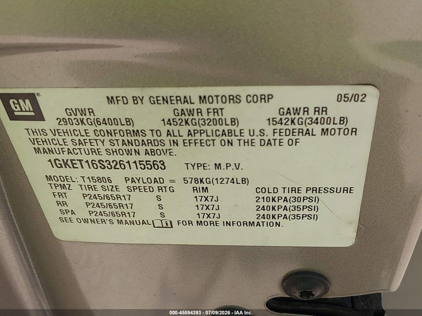 2002 GMC Envoy Xl Slt VIN: 1GKET16S326115563 Lot: 45594393