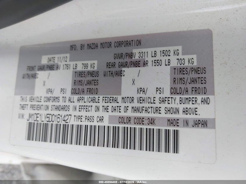 2013 Mazda Mazda2 Touring VIN: JM1DE1LY5D0161427 Lot: 45594408