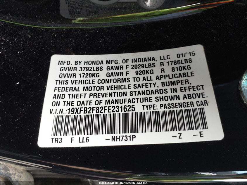 2015 HONDA CIVIC SEDAN 1.8L I-4 VVT, 143HP