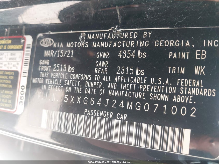 2021 Kia K5 Gt-Line VIN: 5XXG64J24MG071002 Lot: 45594419